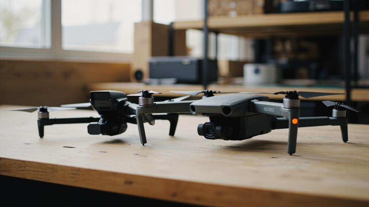 DJI Mavic 4 Pro and DJI Air 3S folded side by side on a workbench