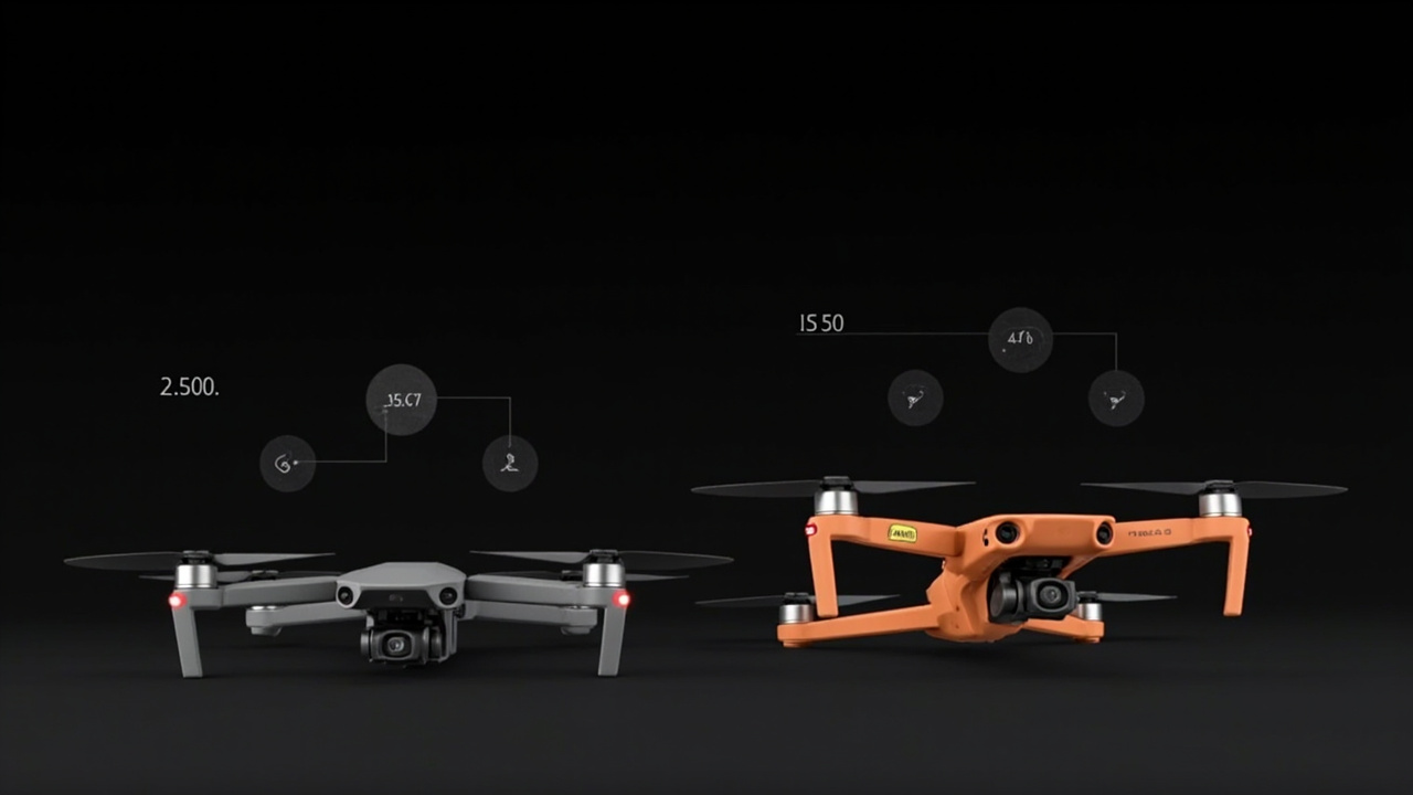 Two drones with price tags and cost-per-hour calculator graphics, clean infographic style, dark background