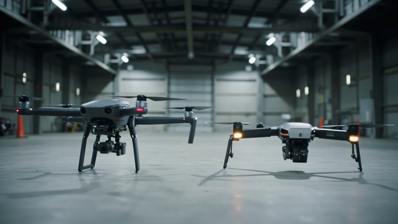 DJI Mavic 4 Pro and Skydio X10 side by side on a hangar floor