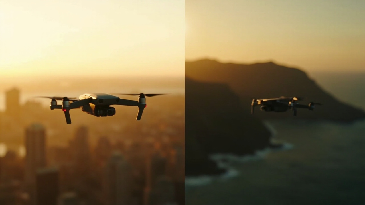Split image of two drones in flight: one over a city skyline, one over open coastline, both at golden hour