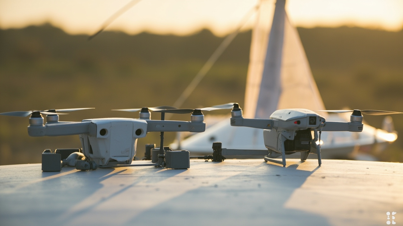 Two drones sitting on a launch pad near a windsock and a small clip-on controller, both drones surrounded by subtle floating weight and registration icons, soft outdoor morning light, no text, no logos, no brand names visible