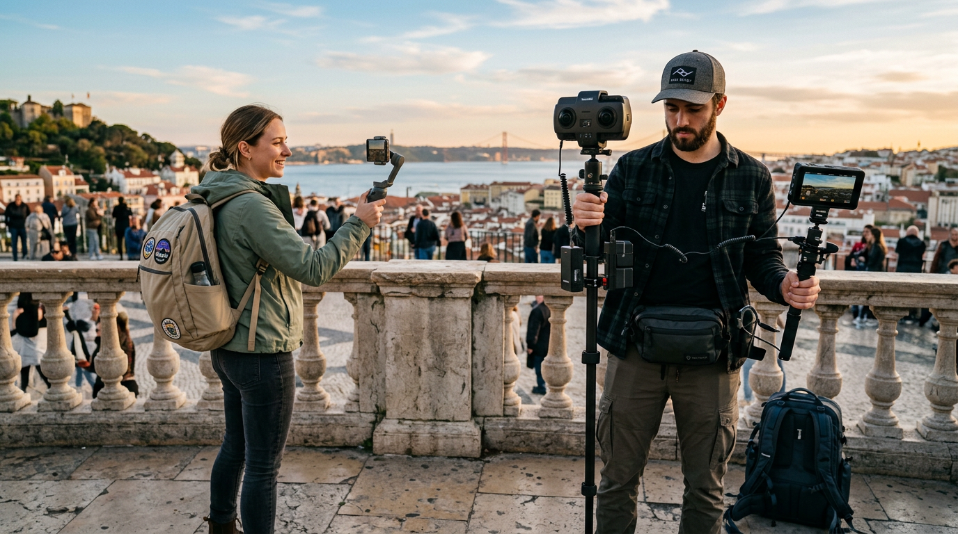 Split-screen lifestyle scene: left side creator using DJI Pocket 4 in studio vlog setup, right side creator using Insta360 X5 on mountain trail, photorealistic, modern aesthetic