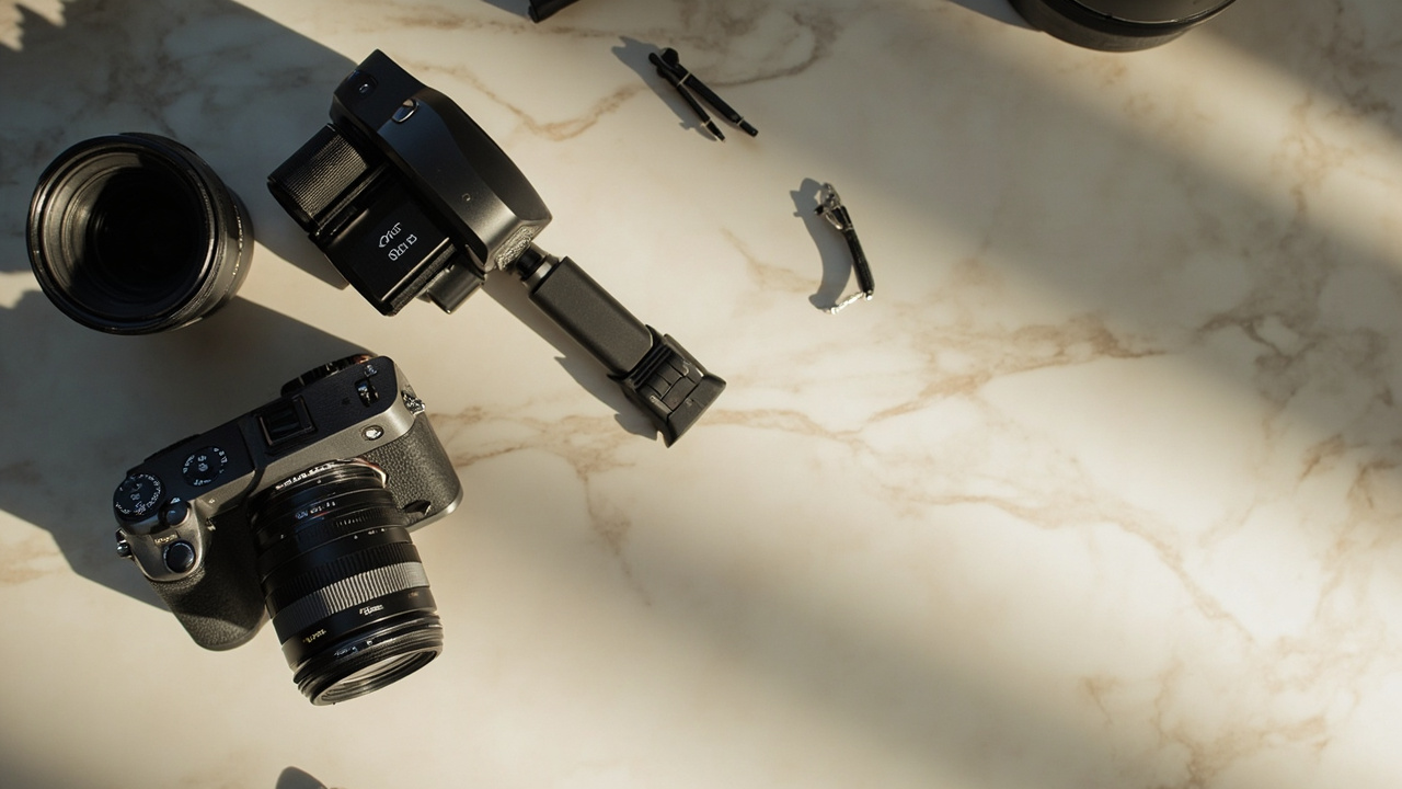 Final hero shot: both cameras arranged artistically on a wooden creator desk with soft natural window light, top-down product photography aesthetic