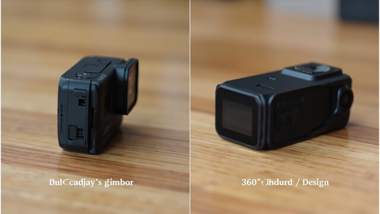 Macro detail shot of camera bodies: Pocket 4 gimbal mechanism vs X5 dual-lens housing, studio lighting, side profile comparison