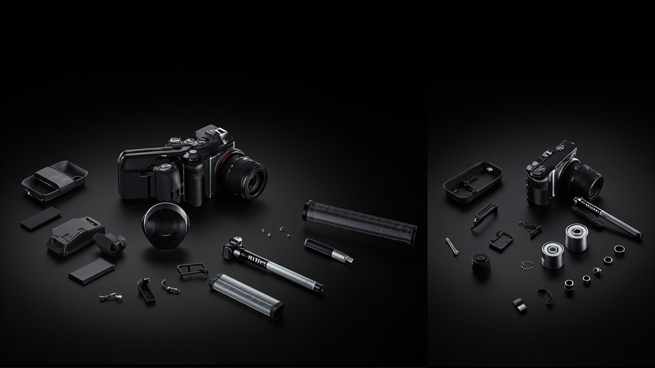 Infographic comparing key features: sensor size, video resolution, stabilization, battery, audio, app, ecosystem, side-by-side icons