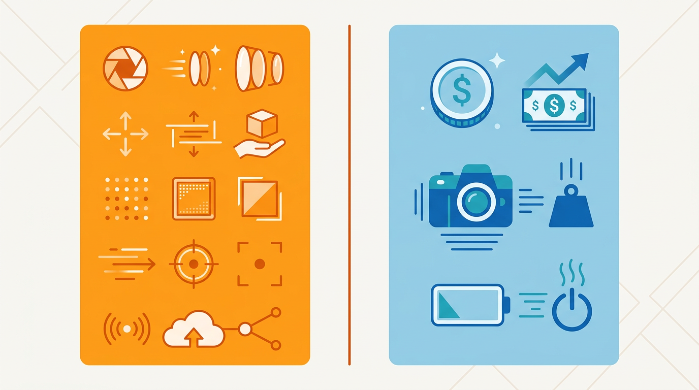 Two-column pros and cons comparison chart with icons, modern infographic style, clean typography-free visual layout