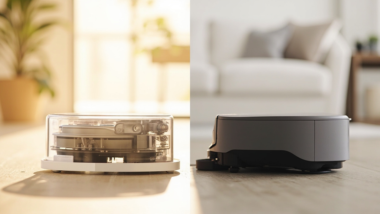 DJI Romo P transparent robot and dock vs Roborock Saros 20 in a modern living room
