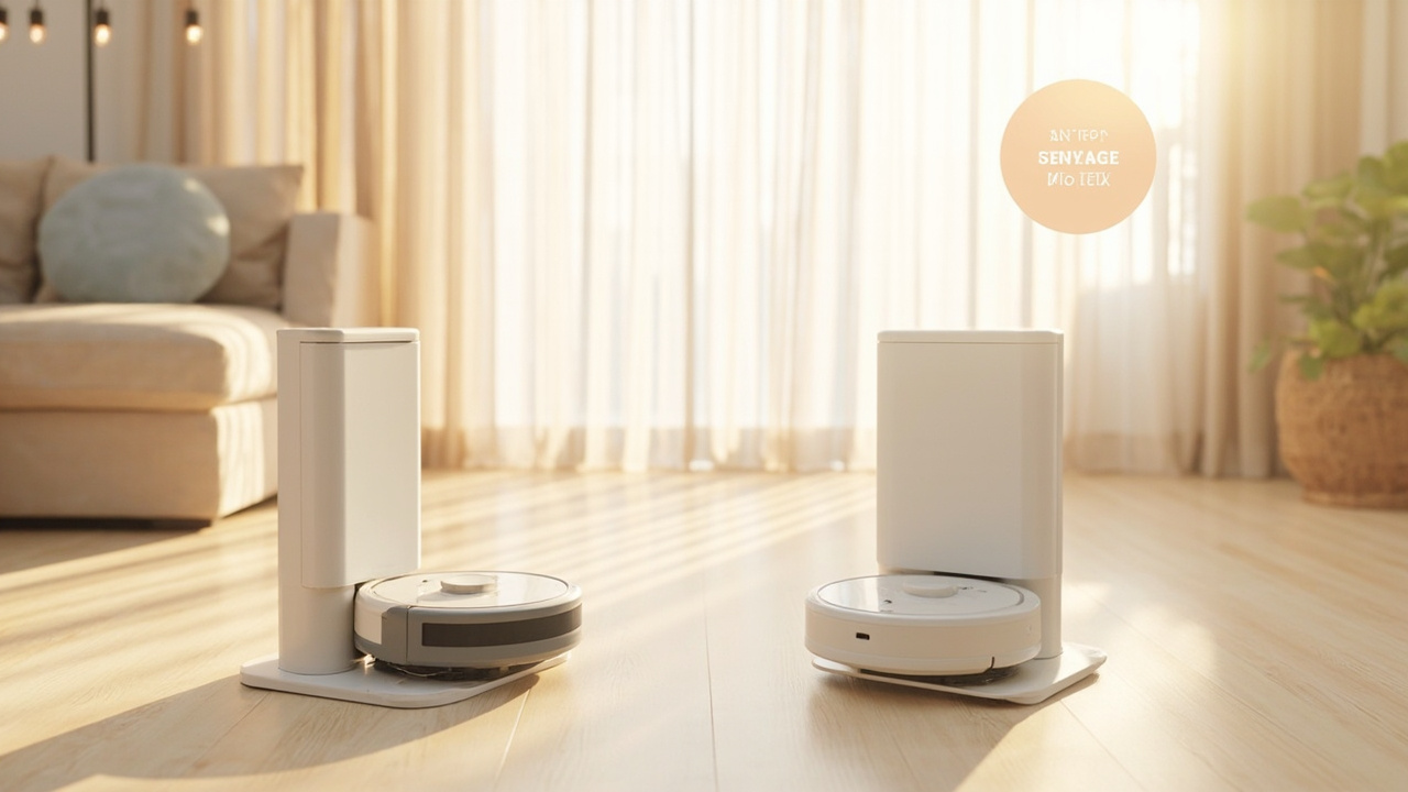 Final comparison shot showing both robots docked side by side with a cost-per-use infographic overlay in clean modern lighting