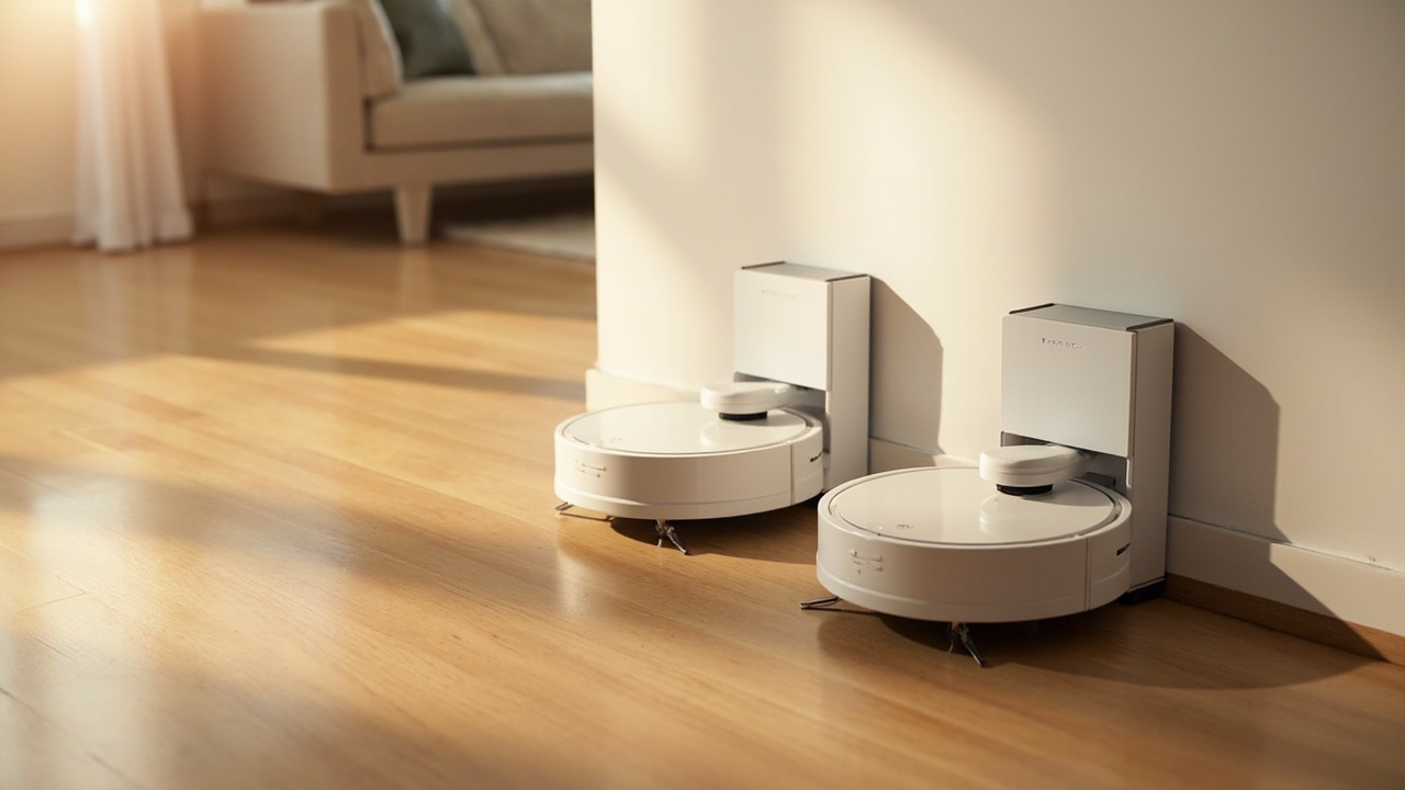 Dreame X40 Ultra and Roborock Saros 10 side by side at their charging docks on a clean modern living-room floor