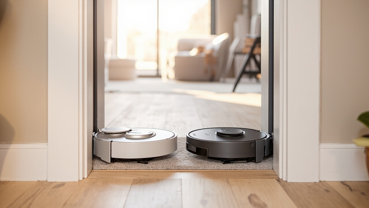 Dreame X60 Ultra and Ecovacs Deebot X11 OmniCyclone side by side in a modern living room