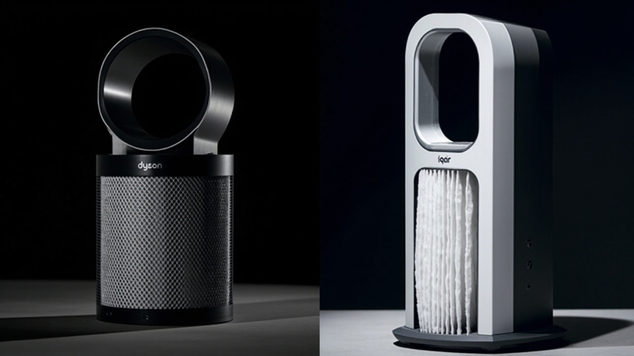 Dyson BP03 LCD screen displaying air quality readings next to IQAir HealthPro Plus with no screen, only manual controls