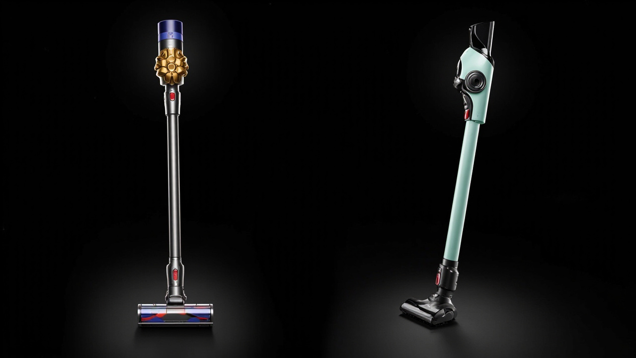 Feature comparison infographic showing Dyson V16 LCD vs Samsung Bespoke AI Clean Station dock