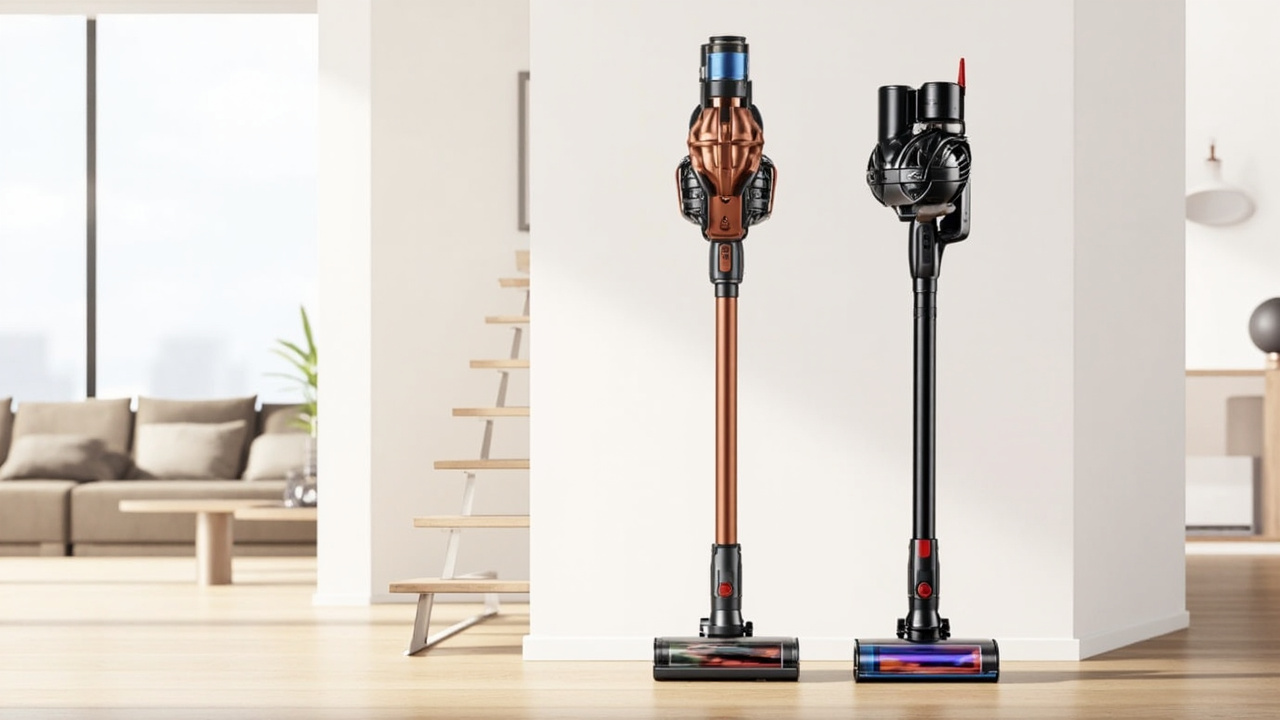 Dyson V16 Piston Animal and Samsung Bespoke AI Jet Ultra side by side on a clean modern living room floor