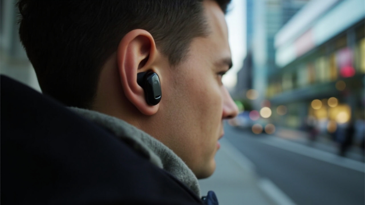 True wireless earbud being worn during an urban commute showing everyday lifestyle use