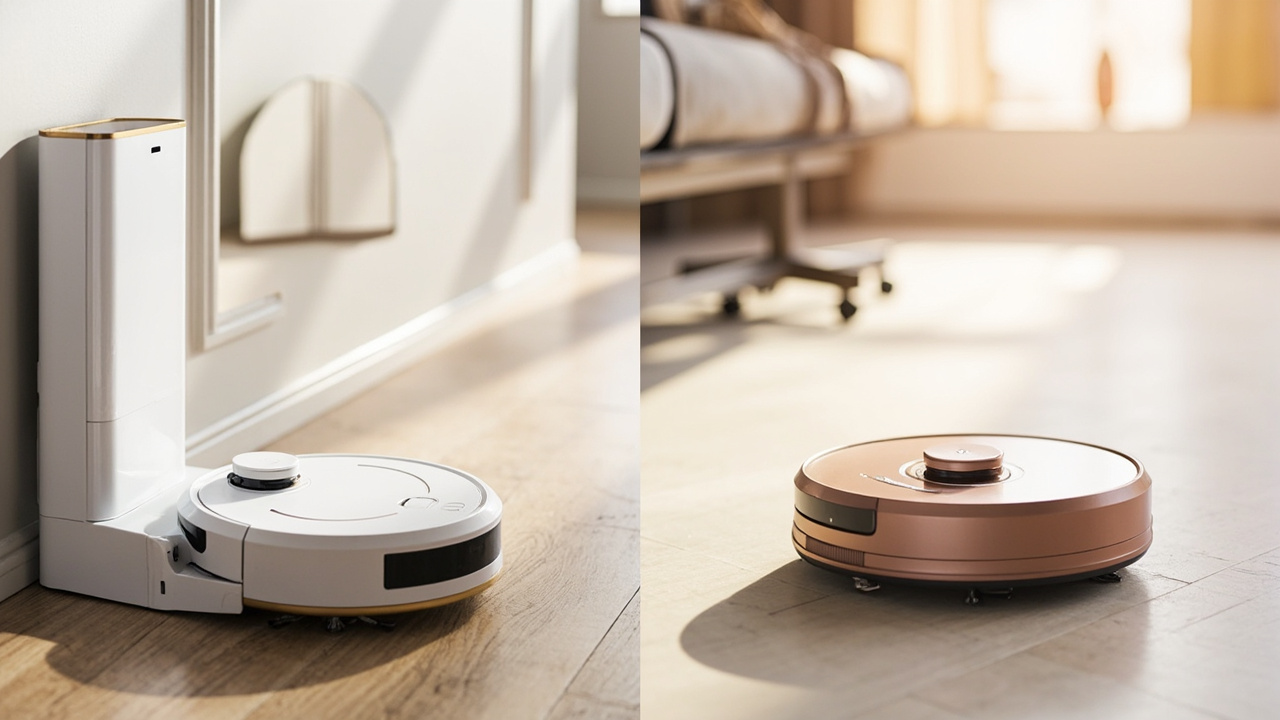 Ecovacs Deebot X11 OmniCyclone and Roborock Saros 10R side by side in a modern living room