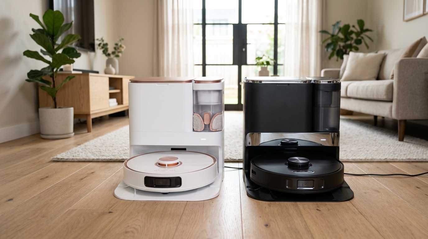 Ecovacs Deebot X9 Pro Omni and Roborock Saros 10R side by side in a modern living room
