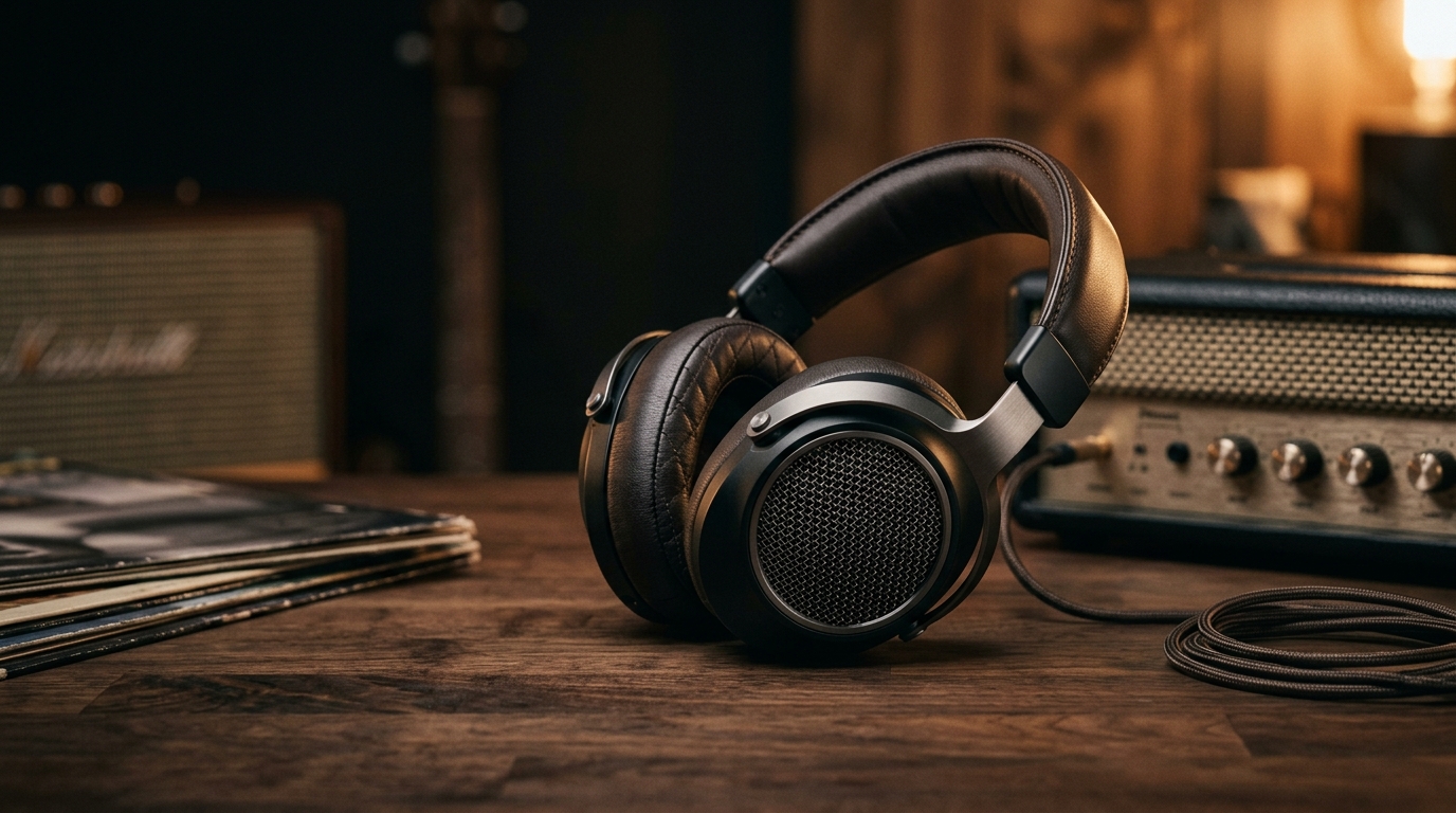 Focal Bathys MG on the left and Apple AirPods Max 2 on the right, both resting on a wood shelf with warm directional light, photographed at three-quarter angle