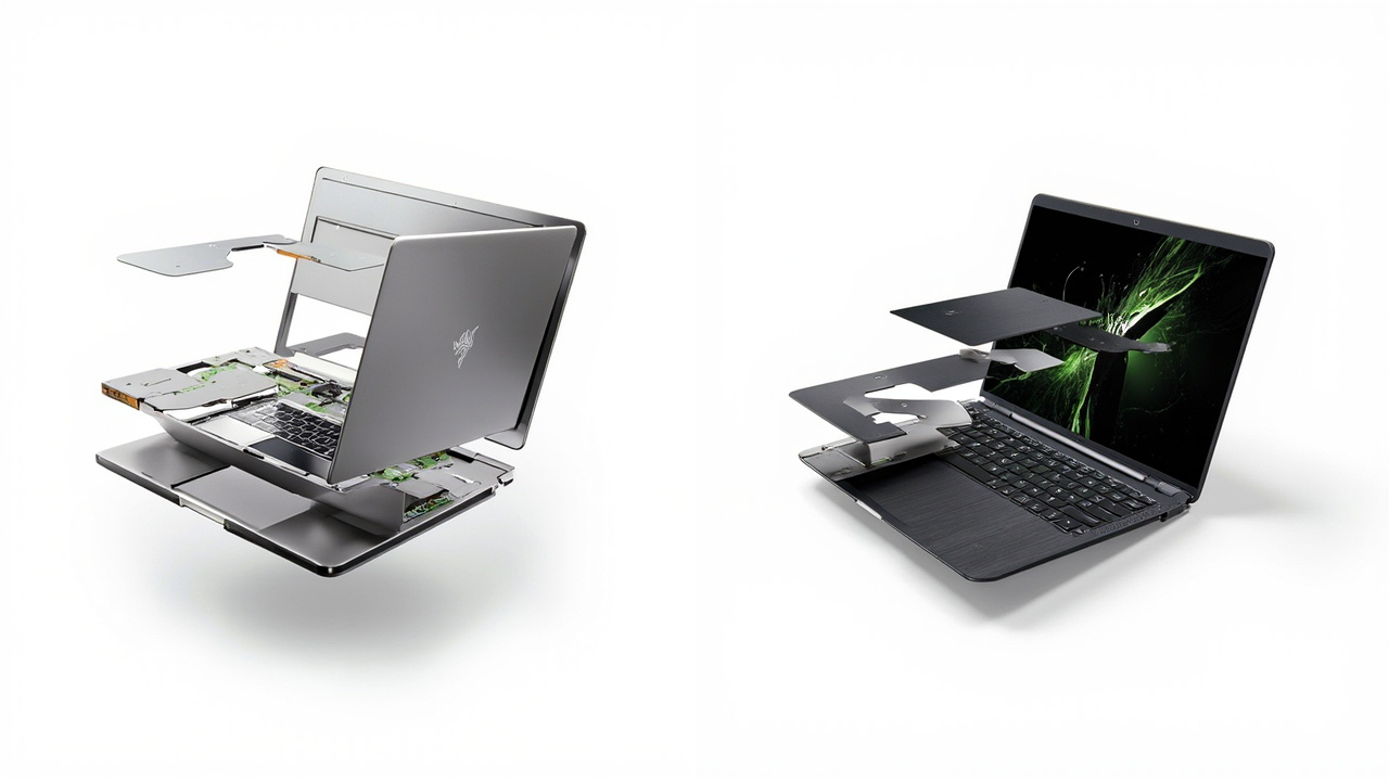 Side-by-side exploded-view style comparison: Framework swappable components on left, Razer sealed unibody cross-section on right