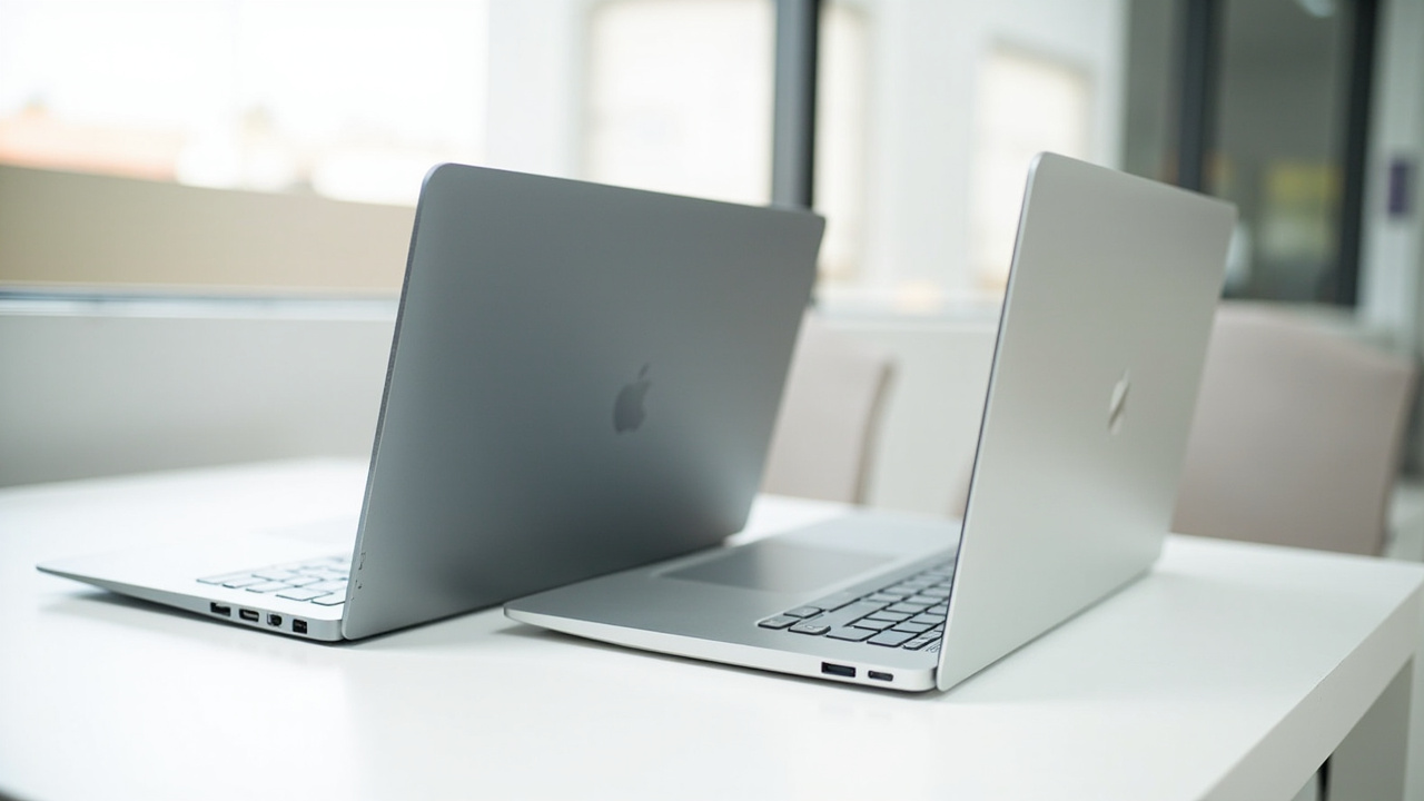 Framework Laptop 16 on the left and Razer Blade 16 (2026) on the right, both open on a clean white desk, side-by-side showing the chassis thickness and design language difference