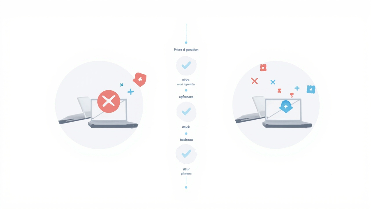 Pros and cons split infographic with checkmarks and crosses for each laptop across price, repairability, performance, and design categories
