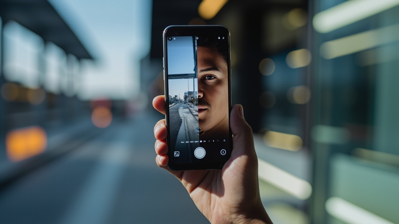Split screen of a phone displaying a long video timeline on the left and a 5x zoom portrait photo on the right, no text or logos visible