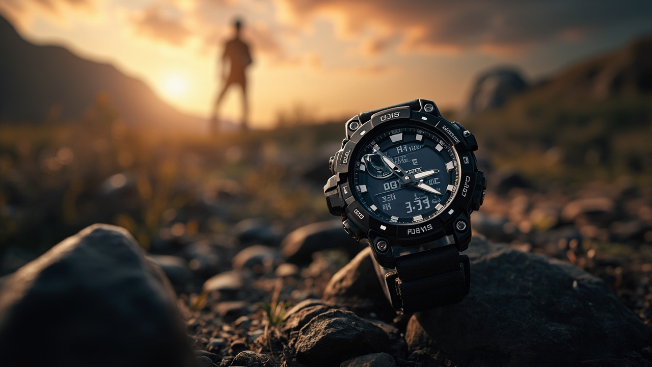 Two Garmin AMOLED watches side by side on a wooden trail: Fenix 9 Pro AMOLED (47mm titanium) and Instinct 3 AMOLED (45mm polymer) with cables