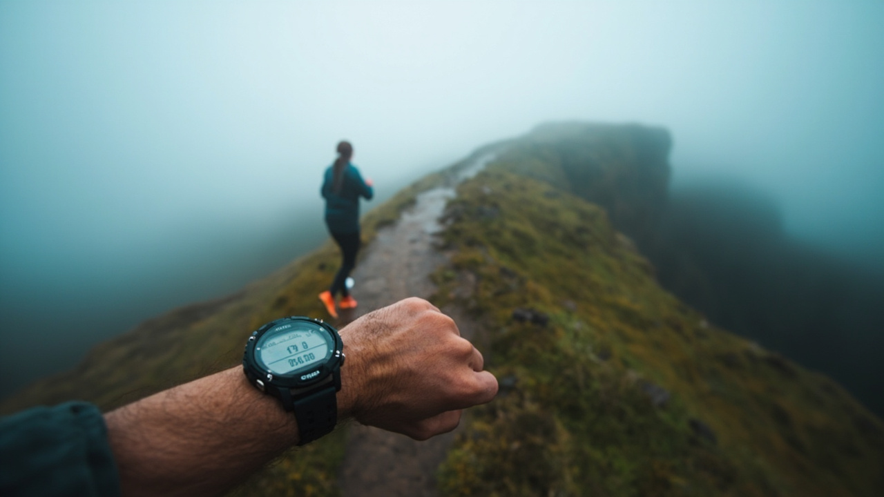 Two titanium adventure GPS watches side by side on a mountain rock: Garmin Fenix 9 Pro Sapphire (47mm) and Coros Vertix 2s with digital dial