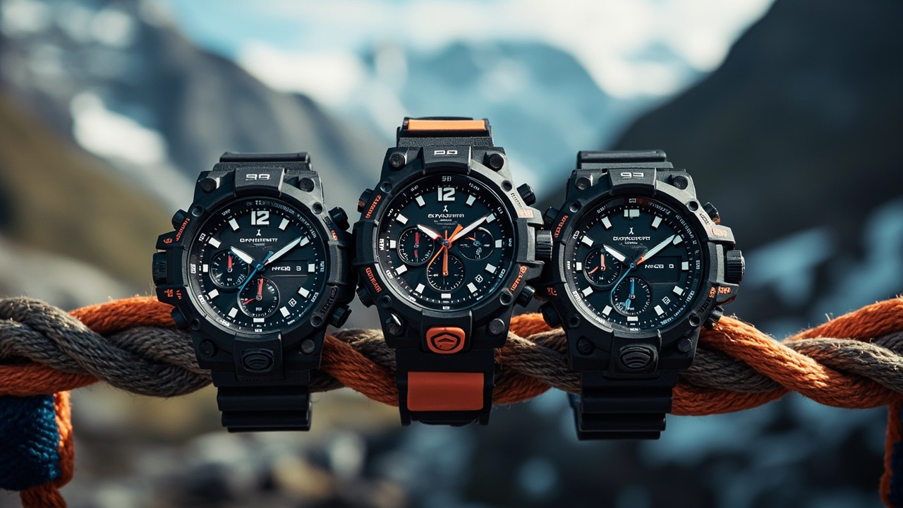 Three flagship adventure watches on a mountain summit: Garmin Fenix 9 Pro, Apple Watch Ultra 3, COROS Vertix 2S