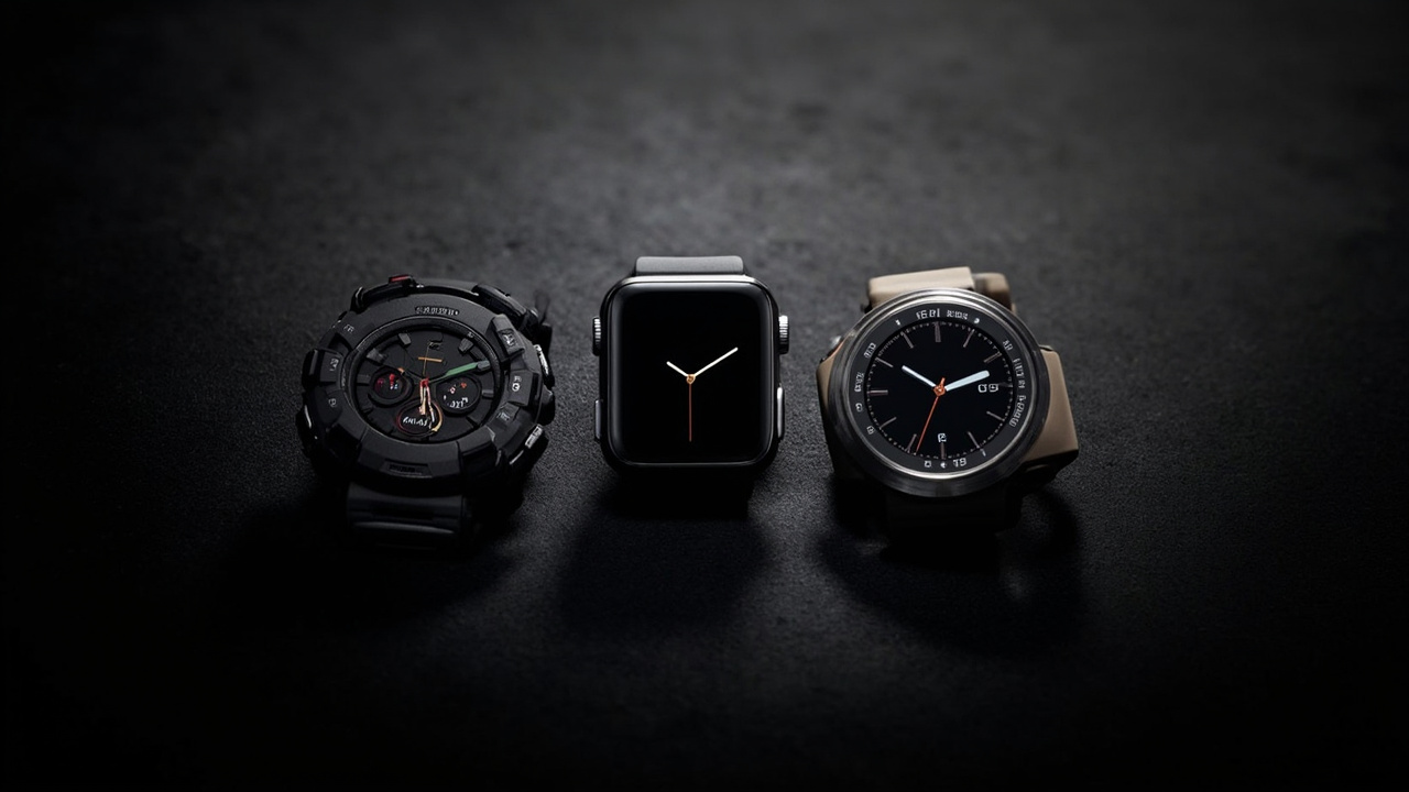 Three flagship adventure watches laid out on a wooden trail marker: Garmin Fenix 9 Pro, Apple Watch Ultra 3, and COROS Vertix 2S