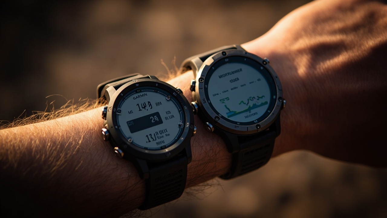 Forerunner 970 and Fenix 9 Pro side by side on a wet rock surface to compare bezel and case size