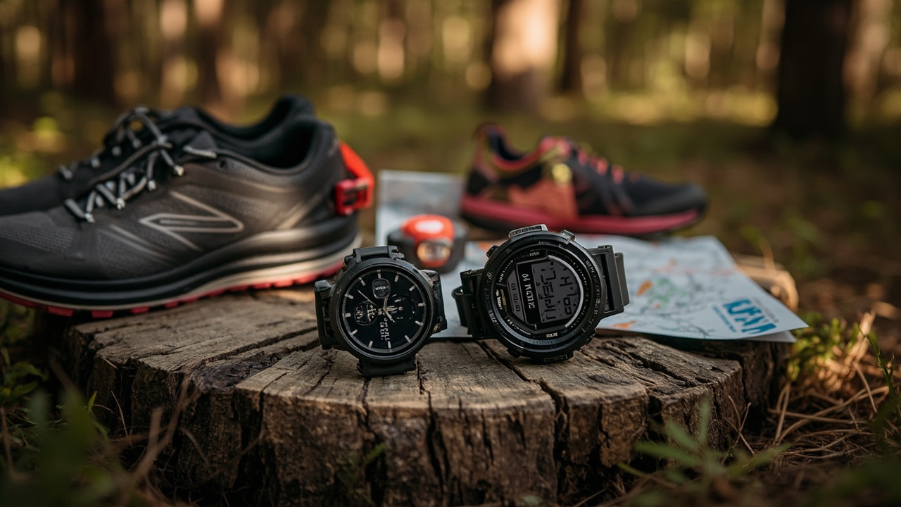 Garmin Forerunner 970 and Garmin Fenix 9 Pro side by side on a trail marker, both with titanium bezels and sapphire screens