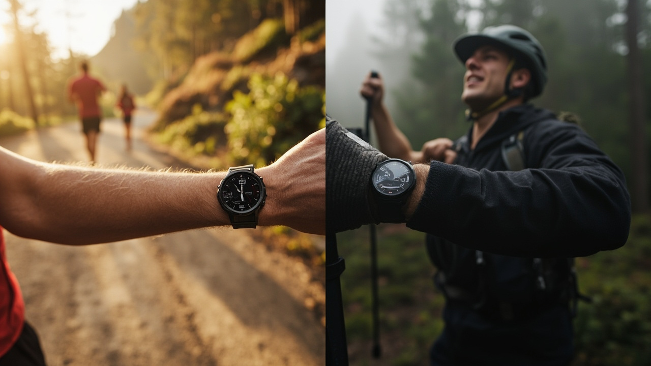 Split-screen image showing the Forerunner 970 on the left and the Fenix 9 Pro on the right, both on a wooden bench with running shoes and hiking boots