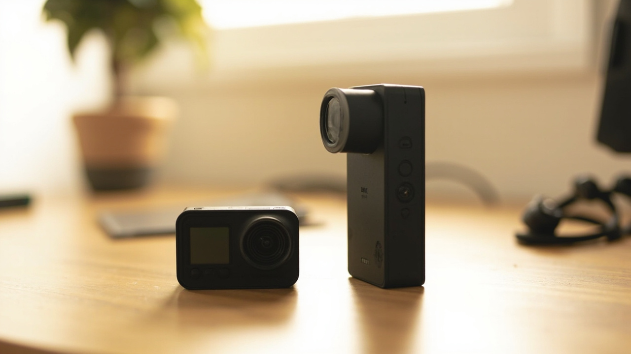 GoPro Max 2 and Insta360 X5 placed side by side on a wooden desk with soft daylight