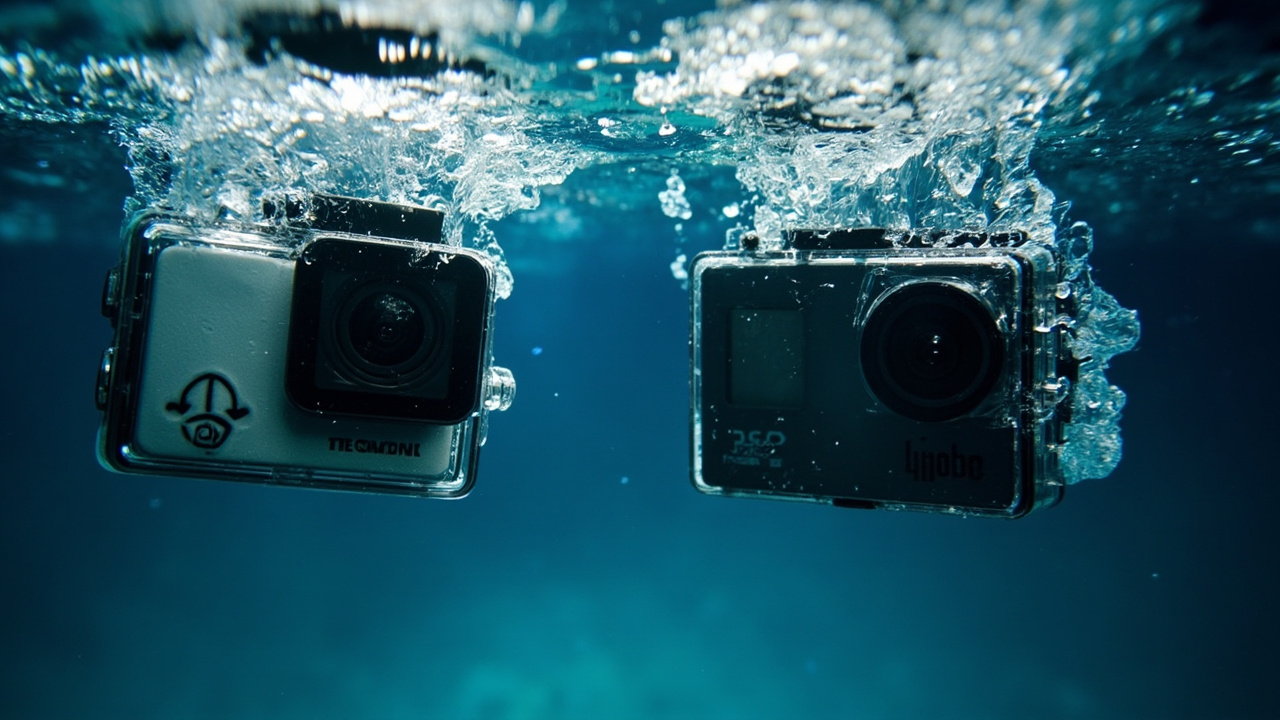 Feature comparison grid: GoPro Max 2 vs Insta360 X5 with checkmarks and callouts for low light, audio, GPS, ecosystem