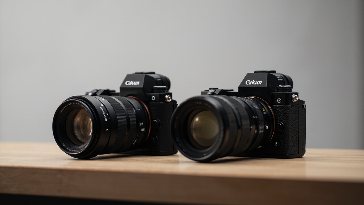 Hasselblad X2D II 100C and Fujifilm GFX 100 II placed side by side on a wooden studio table, soft north-facing daylight, side-by-side camera comparison shot