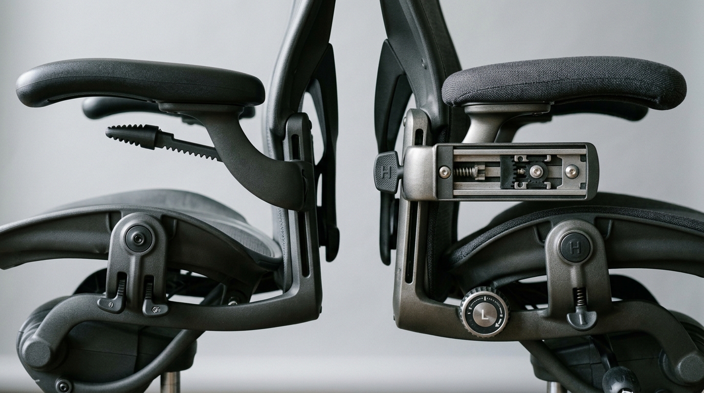 Close-up of armrest and lumbar adjustment mechanisms