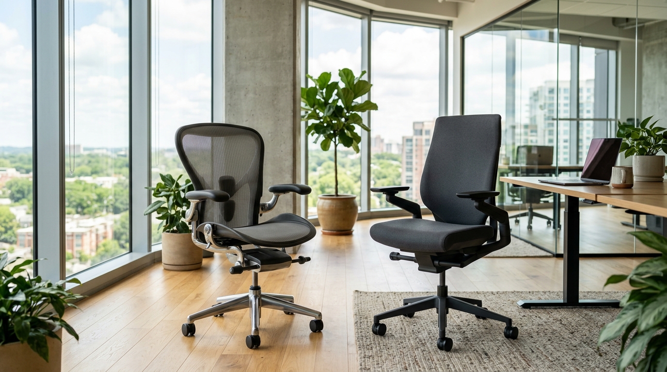 Two chairs in a bright modern office setting