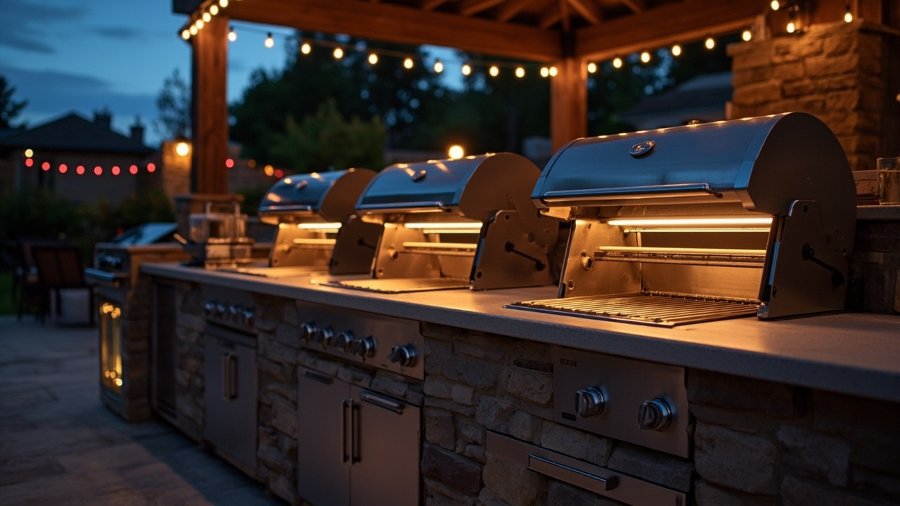 Three outdoor built-in grills side by side on a stone outdoor-kitchen island at dusk, one lit blue with flame visible through the grates