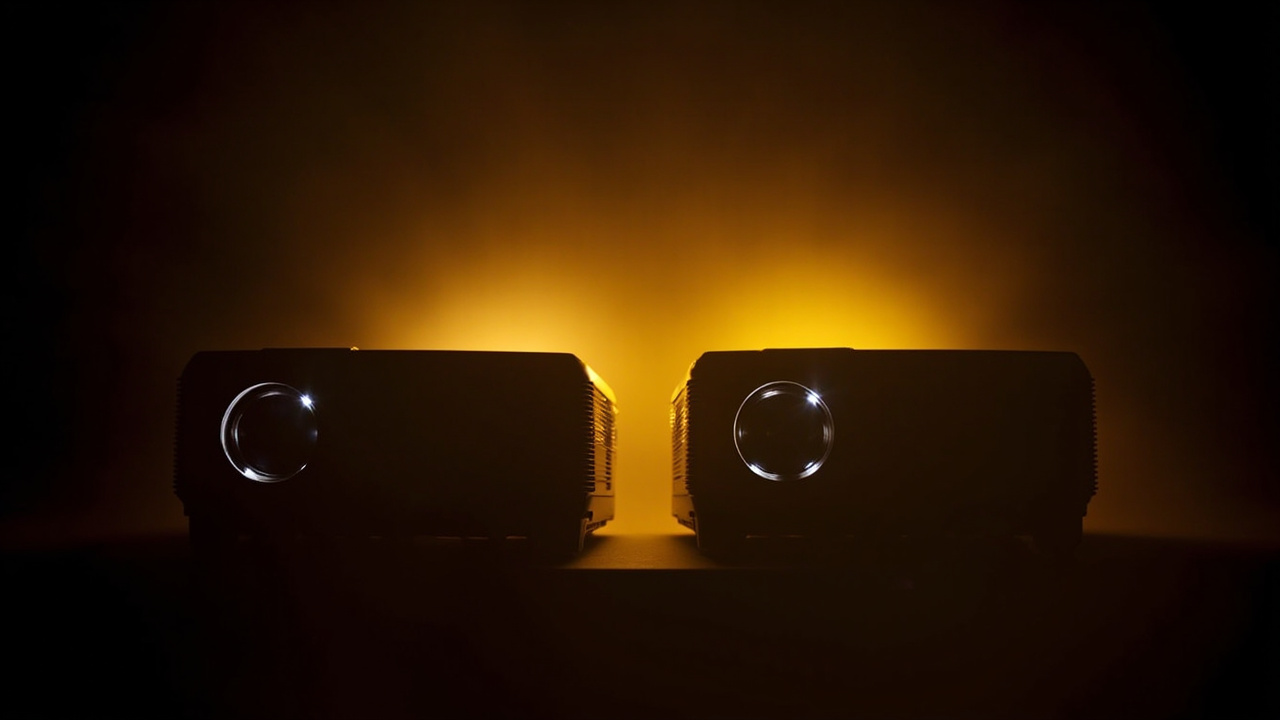 Final composition: Hisense PX3-PRO and AWOL Vision Aetherion Max sitting side by side on modern low media consoles in a softly-lit living room, ambient evening mood, no text overlays, clean photographic frame