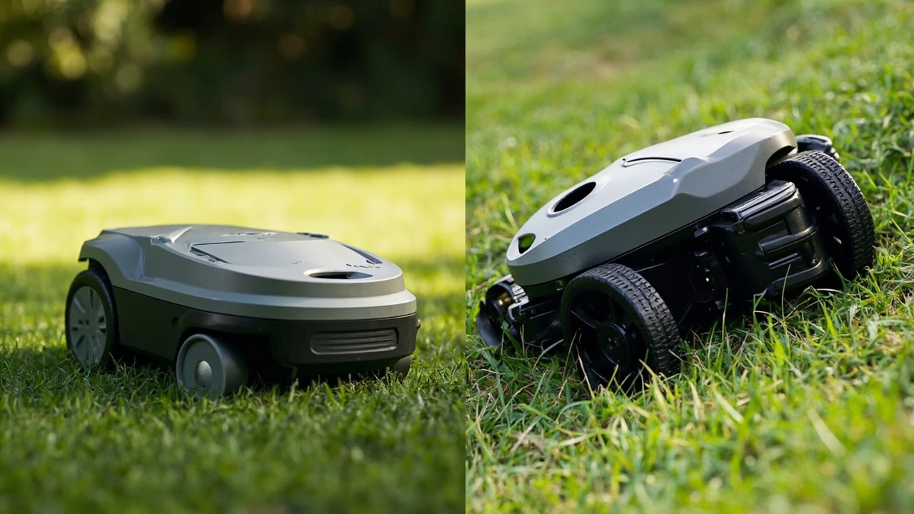 Husqvarna 450X NERA and Mammotion LUBA 3 AWD charging on a large sloped lawn at dusk