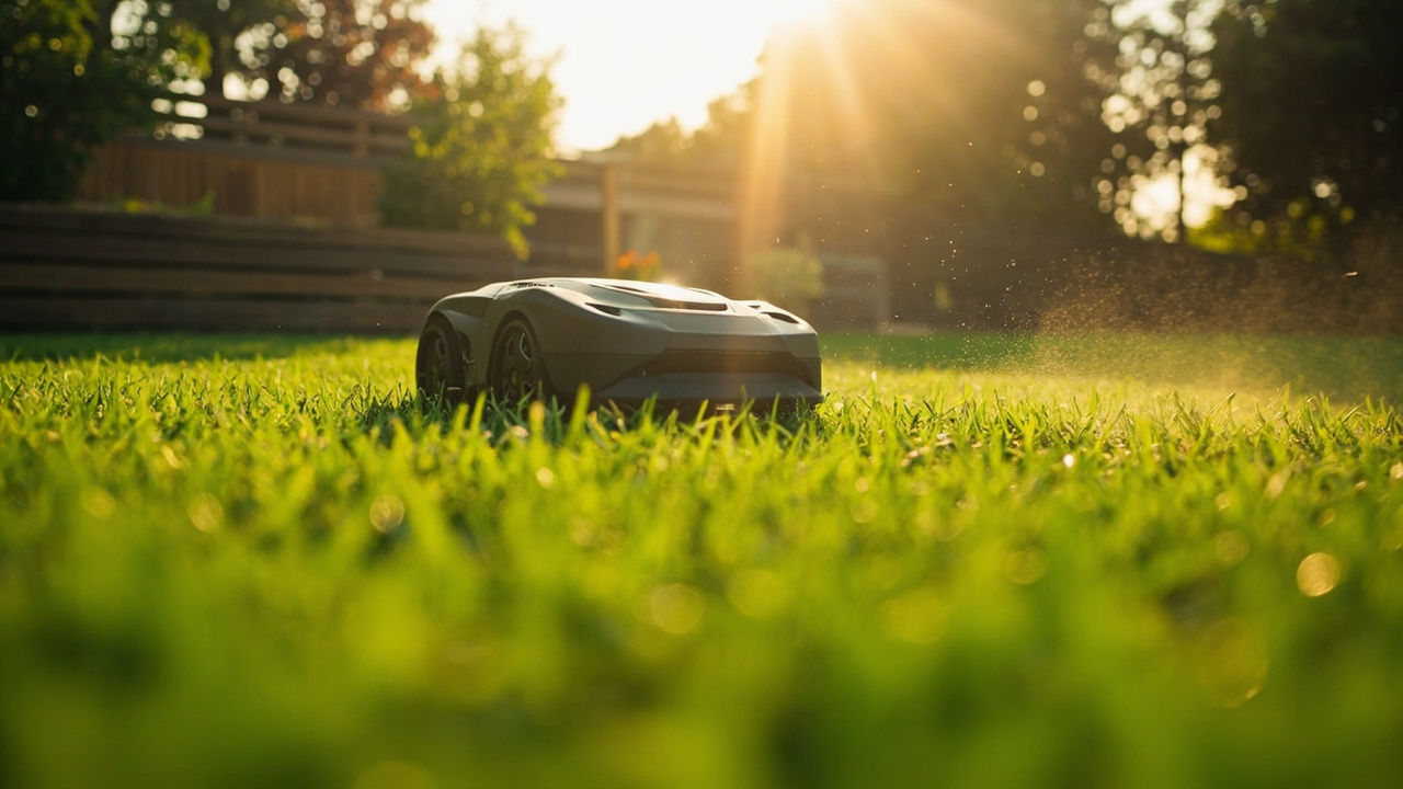Husqvarna Automower 415X and Segway Navimow i105N side by side on a manicured suburban lawn with landscaping beds