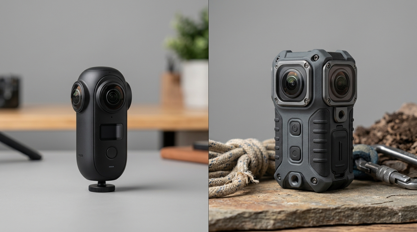 Verdict infographic: Insta360 X5 and GoPro MAX 360 2025 split-screen comparison with go-to-market positioning