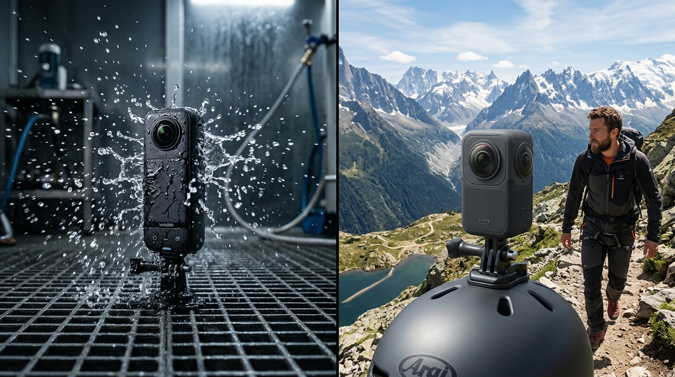 Side-by-side ruggedness comparison: Insta360 X5 waterproofing test and GoPro MAX 360 in outdoor scenario