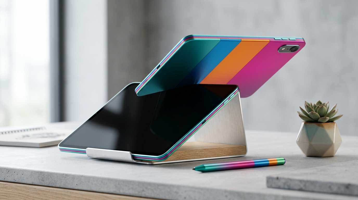 iPad Air M4 in Blue and iPad Pro M5 in Space Black placed side by side on a clean wood desk with Apple Pencil Pro accessories