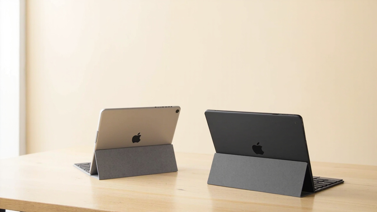 iPad Pro M5 and Surface Pro 11 placed side by side on a desk, both with kickstand and keyboard attached