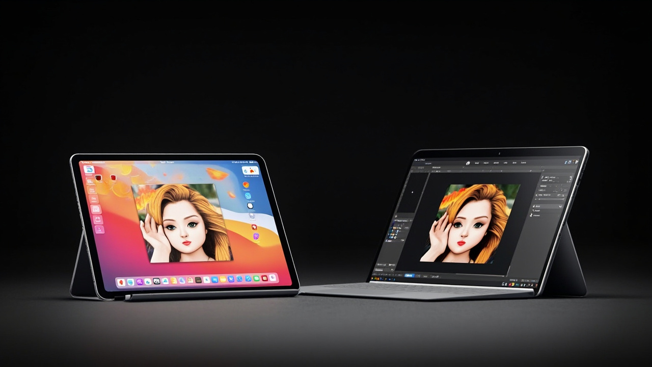iPad Pro M5 and Surface Pro 11 in tablet mode, held in landscape orientation, side by side