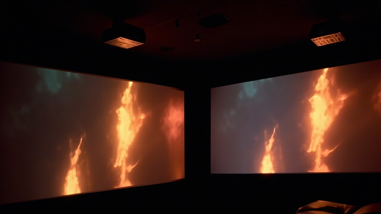 Two flagship 4K laser projectors side by side on a custom home theater ceiling mount, both projecting the same vivid 4K HDR movie scene onto a 150-inch screen in a darkened dedicated theater room