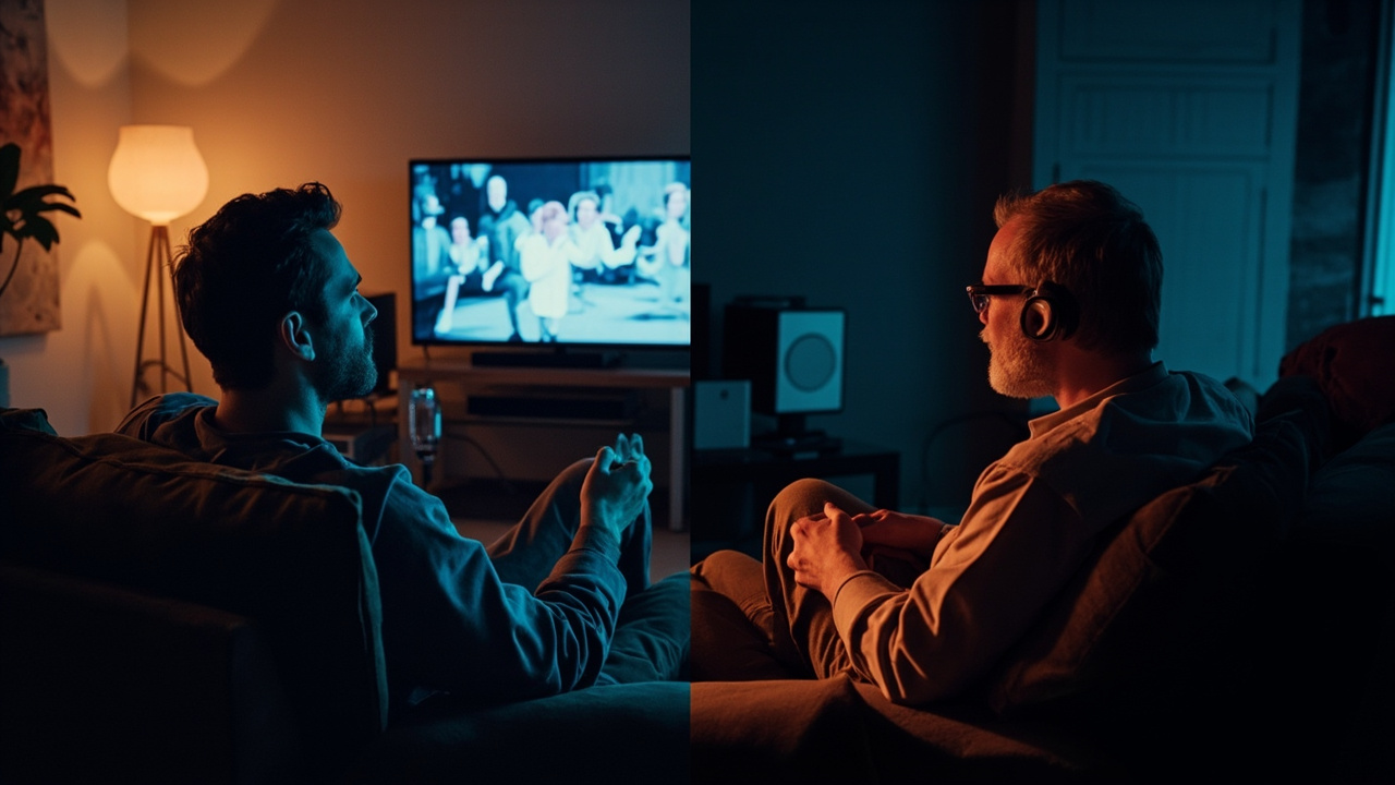 Two-persona visual: left side showing a casual TV-watcher on a couch with a Sonos Arc Ultra beneath their TV, right side showing a serious audiophile in a dim listening room with the KEF XIO and vinyl setup — clean split-screen composition