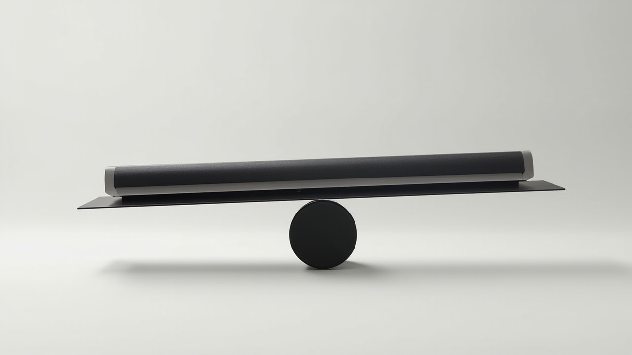 Balanced scale or weighing-balance visual showing the KEF XIO on one side and Sonos Arc Ultra on the other, illustrating the pros and cons tradeoff — clean product photography with neutral background