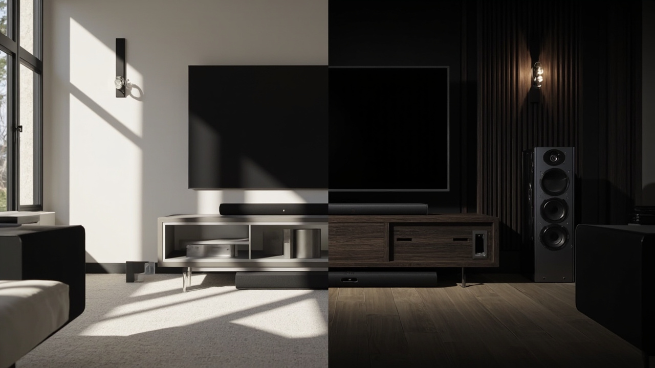 Split-screen image: left side showing the Sonos Arc Ultra in a minimalist modern living room setup with a TV and Sonos Sub, right side showing the KEF XIO in an audiophile-grade listening room with hi-fi rack — illustrating the two design philosophies side by side